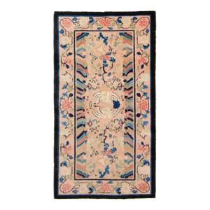 1910s Antique Chinese Botanical Figural Design Navy Blush Hand Knotted Pile Rug - 3’2” X 5’9”