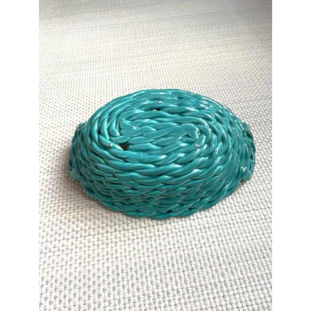 1970s Aqua Woven Ceramic Basket For Sale - Image 5 of 7