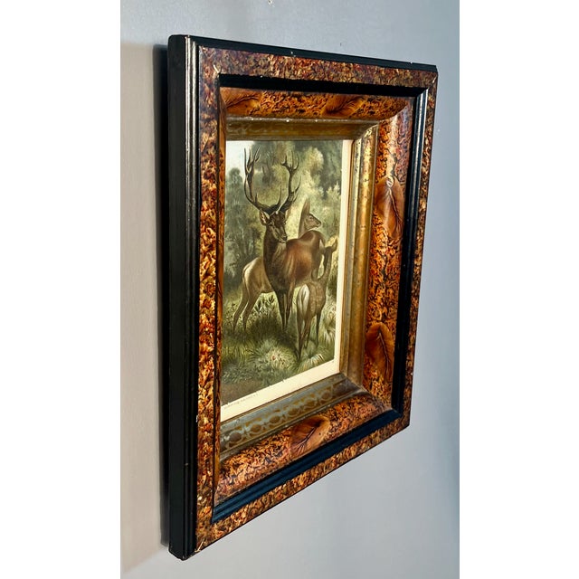 Late 19th Century Victorian Burled Walnut Framed Print of Stag or Red Deer 1890s 3 Stack Frame With Chromolithograph For Sale - Image 5 of 5