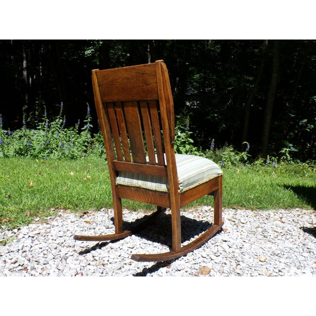 Antique Arts & Crafts Art Nouveau Mission Solid Oak Rocker Rocking Chair For Sale - Image 11 of 17