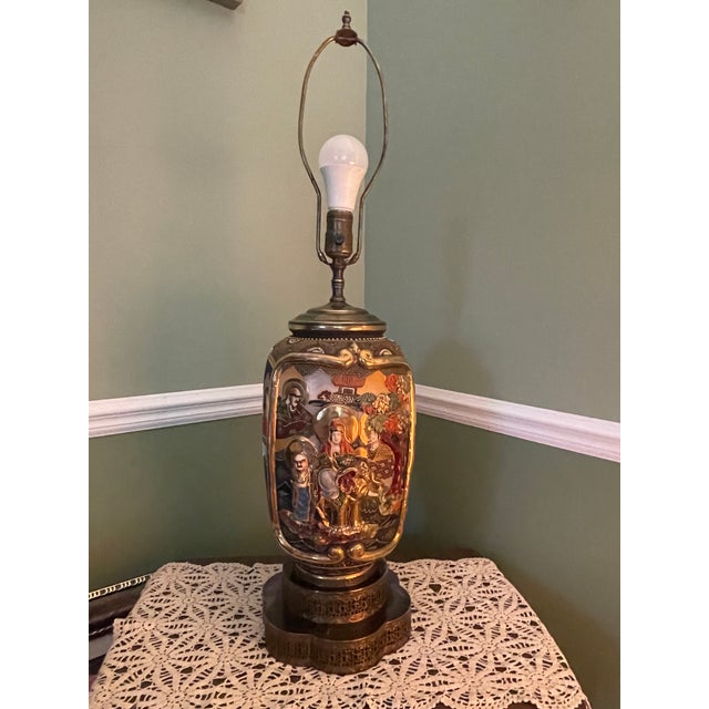 1950s Vintage 31" Japanese Satsuma Moriage Table Lamp With Pleated Shade For Sale - Image 5 of 18