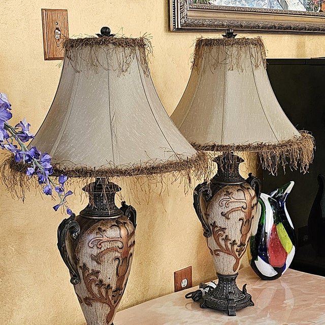 Beige Pair of Vintage Neoclassical Urn Table Lamps With Decorative Fringe Shades For Sale - Image 8 of 18