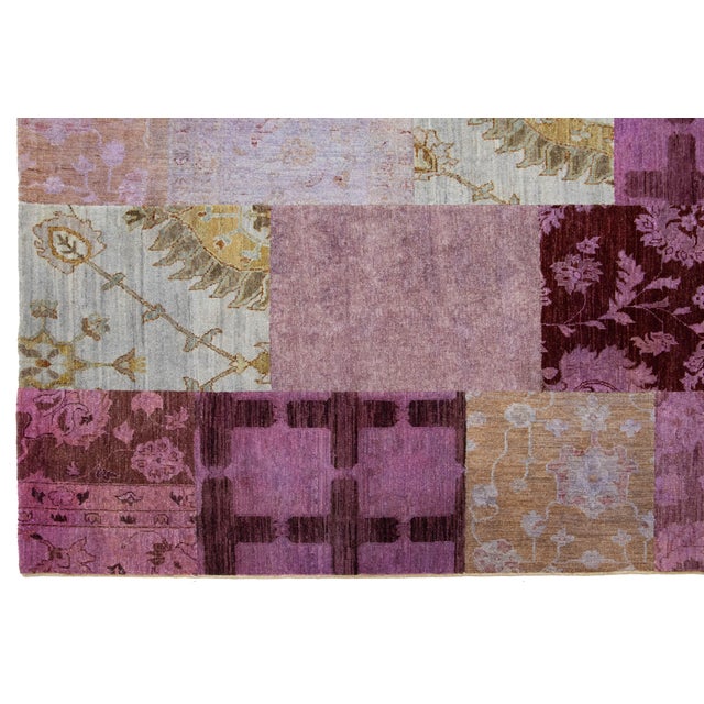 Modern Handcrafted Patchwork Designed Wool Rug in Pink For Sale - Image 4 of 8