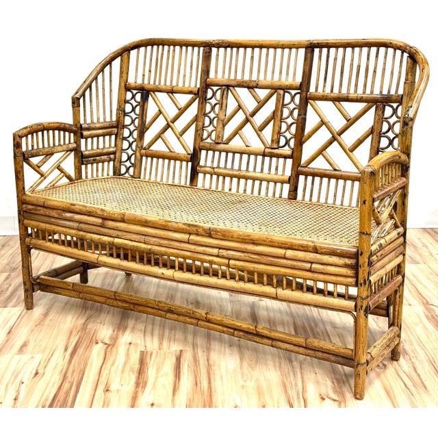Vintage Brighton Pavilion Style Chippendale Bamboo Caned Seat Bench Settee For Sale In Kansas City - Image 6 of 11