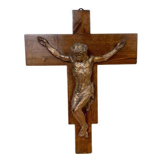 Modernist Cast Bronze Crucifix on Walnut Cross, French or Belgian, Circa 1960s For Sale