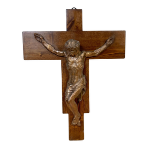 Modernist Cast Bronze Crucifix on Walnut Cross, French or Belgian, Circa 1960s