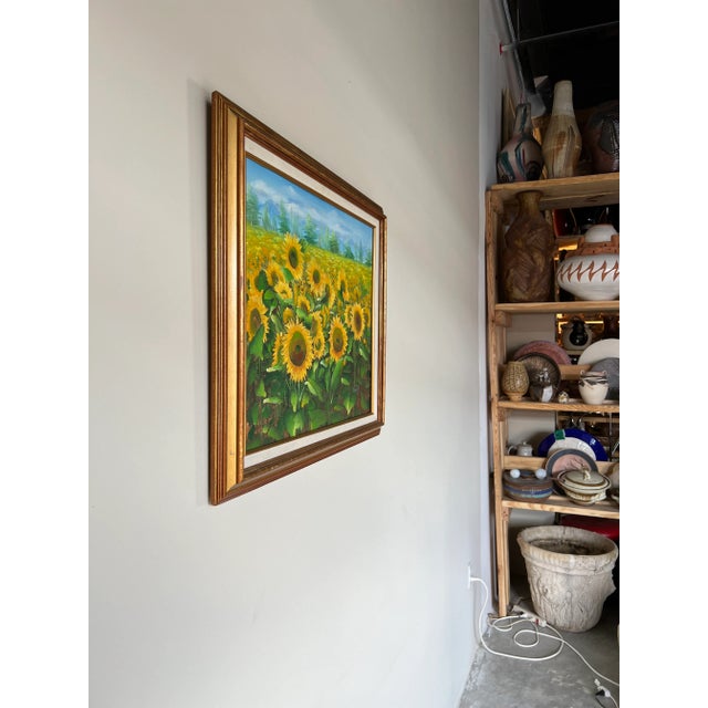 70's Vintage Galit Sunflowers Field Landscape Painting For Sale - Image 4 of 13