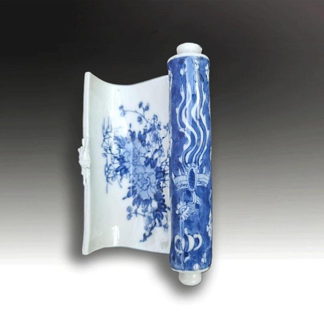 2000 - 2009 Antique Japanese Seto Blue and White Porcelain Scroll-Form Brush Holder For Sale - Image 5 of 7