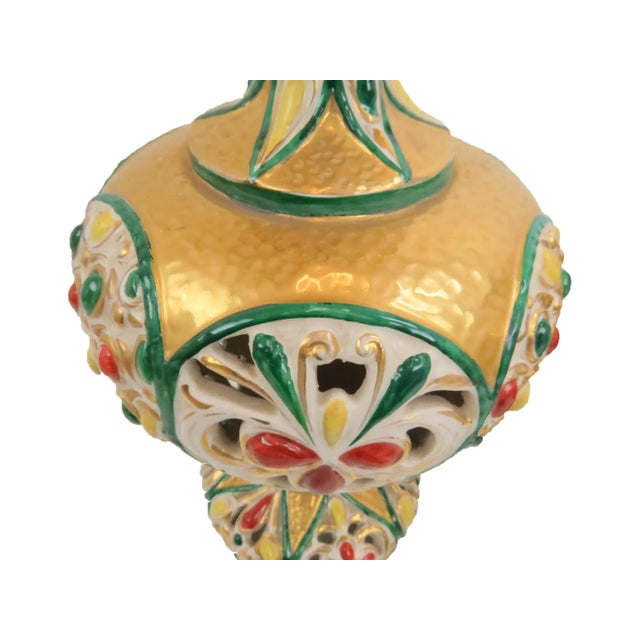 Metal Antique Italian Polychrome and Gilt Embossed Reticulated Majolica Jewel Urns - a Pair For Sale - Image 7 of 13