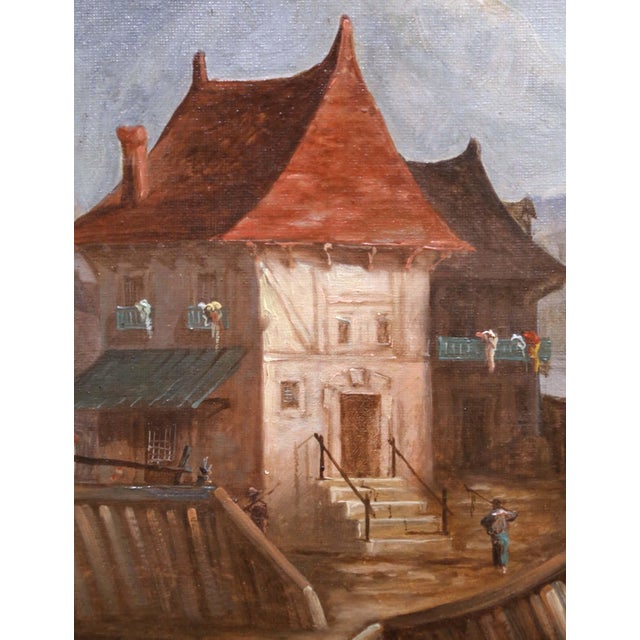 Sky Blue 19th Century French Coastal Harbor Marine Oil Painting in Giltwood Frame For Sale - Image 8 of 11