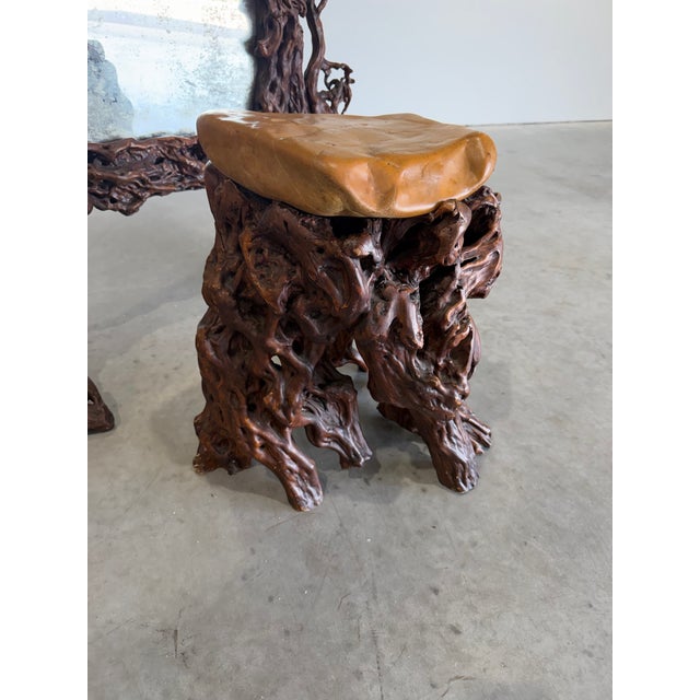 Vintage Freestanding Floor Mirror in Sculpted Tree Root Burl Frame With Stool For Sale - Image 11 of 12