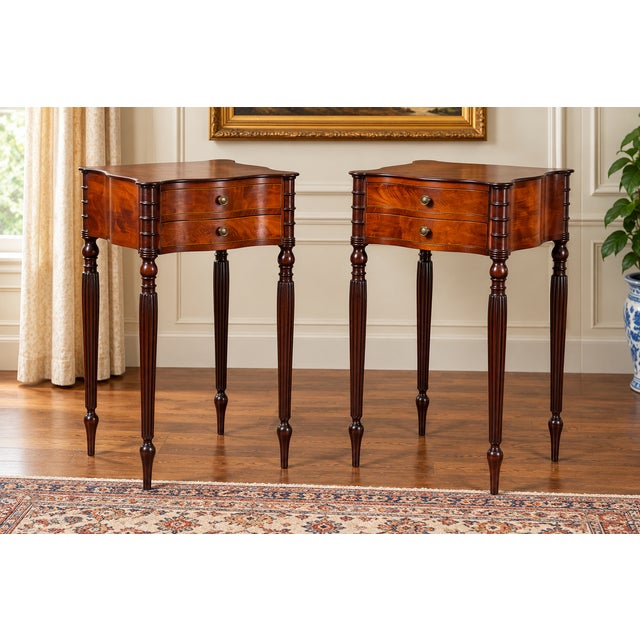 A handsome and unusually well-matched pair of American Classical Revival mahogany work tables, dating to approximately...