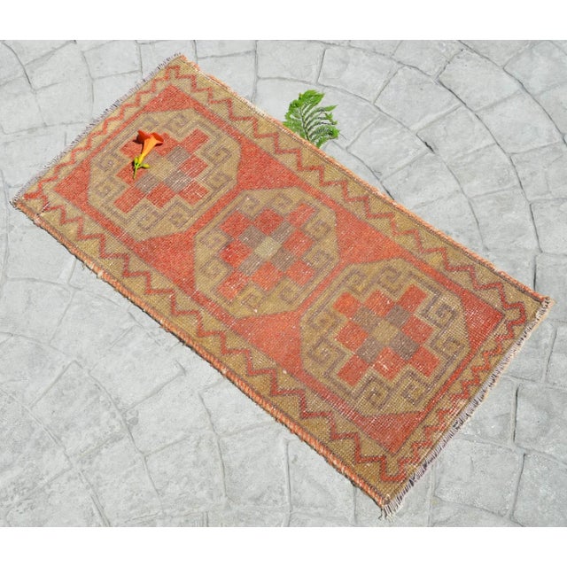 a Vintage Turkish Small yastik rug, japonica color yastik rug perfect for entryway, bath or in front of the kitchen sink...