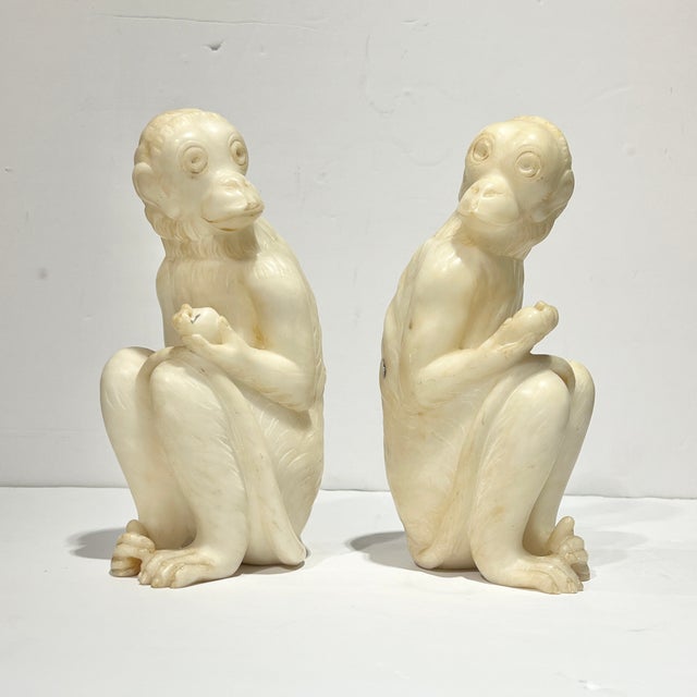 Late 20th Century Pair Vintage Italian Alabaster Sculptures of Seated Macaques Monkeys For Sale In New York - Image 6 of 8