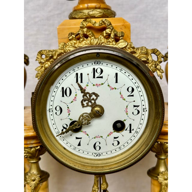 Metal 19th Century Louis XVI French Neoclassical Marble and Gilt Bronze Mantel Clock and 5 Arm Candelabra Garniture Set For Sale - Image 7 of 12