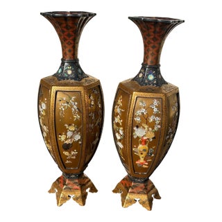 Exceptional Pair of Antique Japanese Meiji Period Shibayama Vases – Silver & Gold Lacquer, C. 1890 For Sale