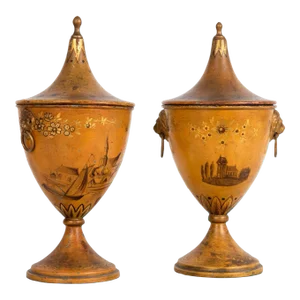 Fine 19th Century Near-Pair of Regency Tole-Painted Chestnut Urns