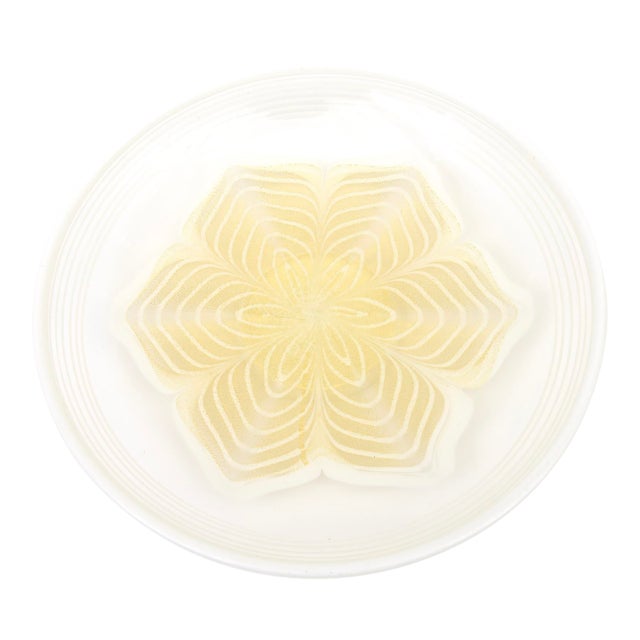 Vintage Murano Round Flower Glass Bowl, White With Gold Aventurine, 1980's, Italy For Sale