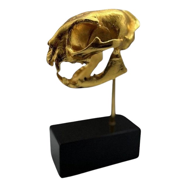 Golden Cat Skull Desk Sculpture on Black Marble Base For Sale