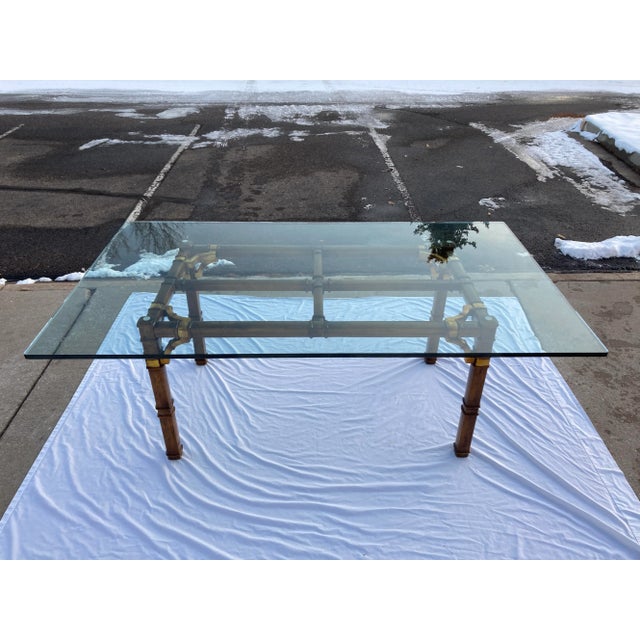 Burnt Umber Asian Influenced Glass Dining Table in Faux Bamboo Having Bronze Fretwork For Sale - Image 8 of 12