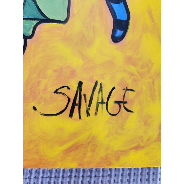Unframed painting with wood backing depicting an abstract person with green skin. Shawn Savage, a noted Plam Springs...