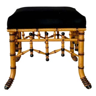 Vintage Regency Style Faux Bamboo Accent Bench With Black Upholstered Seat #2 For Sale