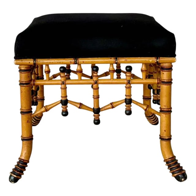 Vintage Regency Style Faux Bamboo Accent Bench With Black Upholstered Seat #2 For Sale