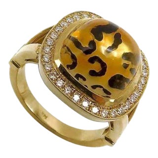 Leopard Reverse Painted Citrine Cabochon Ring with Diamond Halo in 14K Gold Size 7.25 For Sale