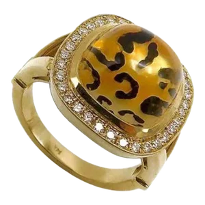 Leopard Reverse Painted Citrine Cabochon Ring with Diamond Halo in 14K Gold Size 7.25