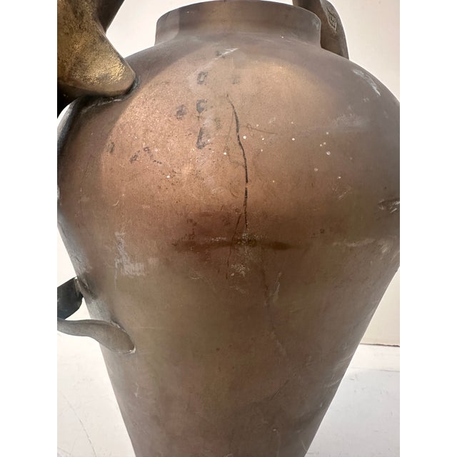 Metal Vintage Brass Vessel With Dolphin Handles For Sale - Image 7 of 11