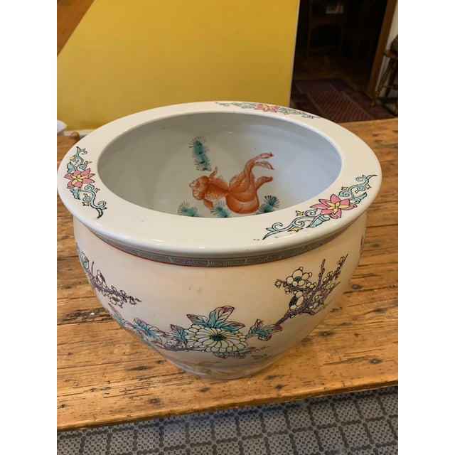 Large Mid-Century Chinese Export Colorful Hand Painted Cranes Flowers Fish Bowl Planter Cachepot For Sale - Image 4 of 12