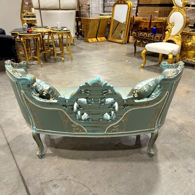 French Style Sky Blue Small Settee For Sale - Image 11 of 12