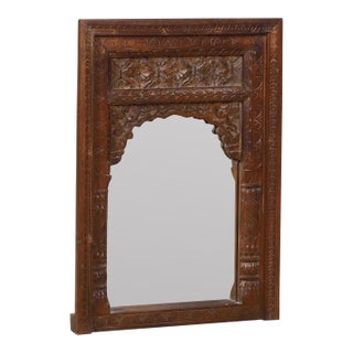 Vintage Indian Teakwood Carved Window Frame Mirror For Sale