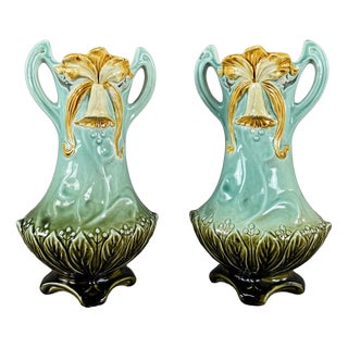 20th Century Art Nouveau Glazed Ceramic Vases with Floral Decoration, Set of 2 For Sale