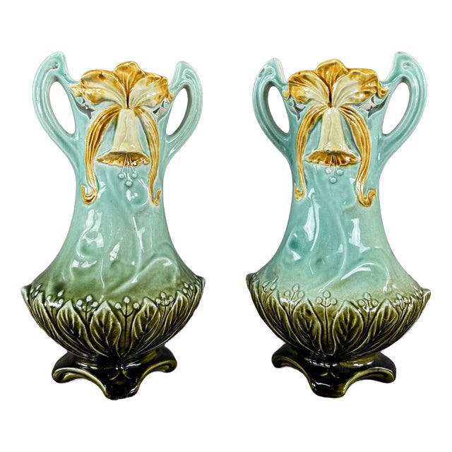 20th Century Art Nouveau Glazed Ceramic Vases with Floral Decoration, Set of 2 For Sale