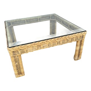 Boho Chic Woven Wicker Glass Top Square Coffee Table For Sale