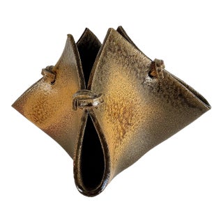 Vintage Studio Pottery Faux Leather Folded Vessel With Ties For Sale
