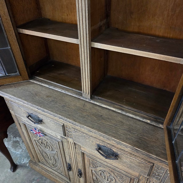 English Late 19th Century Light Oak Carved Base and Glazed Top Bookcase For Sale - Image 9 of 18