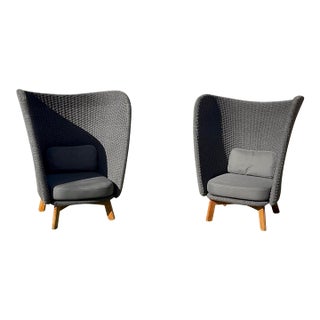 The Cane-Line Peacock Wing Highback Chair With Teak Legs (Model 5460), Designed by the Danish Duo Foersom & Hiort-Lorenzen, 2 Pieces For Sale