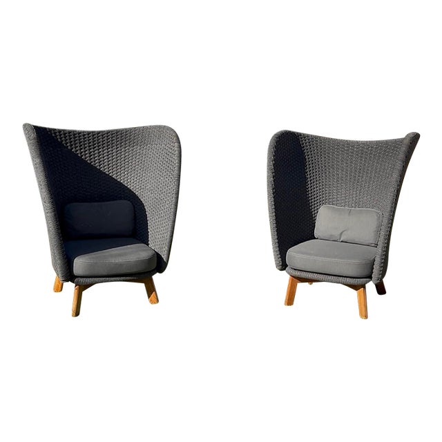 The Cane-Line Peacock Wing Highback Chair With Teak Legs (Model 5460), Designed by the Danish Duo Foersom & Hiort-Lorenzen, 2 Pieces For Sale