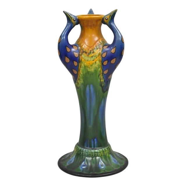 Vintage Art Nouveau Majolica Style Glazed Ceramic Pottery Peacock Bird Vase For Sale