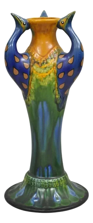 Vintage Art Nouveau Majolica Style Glazed Ceramic Pottery Peacock Bird Vase