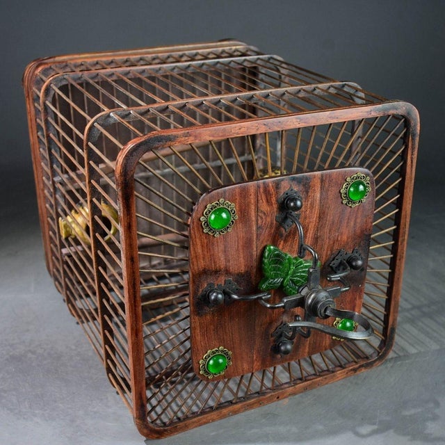 Vintage Chinese Huali Rosewood "Bamboo" Bird Cage With Jade Butterfly and Gem Inlays For Sale - Image 9 of 11