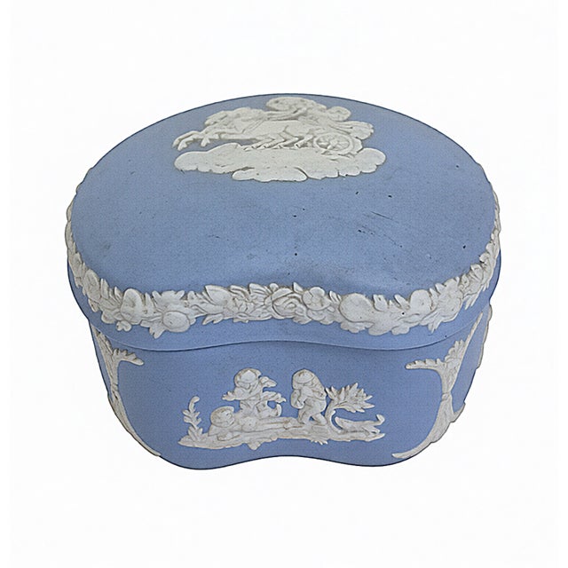 This is a Wedgwood Blue Jasperware Lidded Trinket Box (or powder jar), decorated with traditional Roman or mythological...