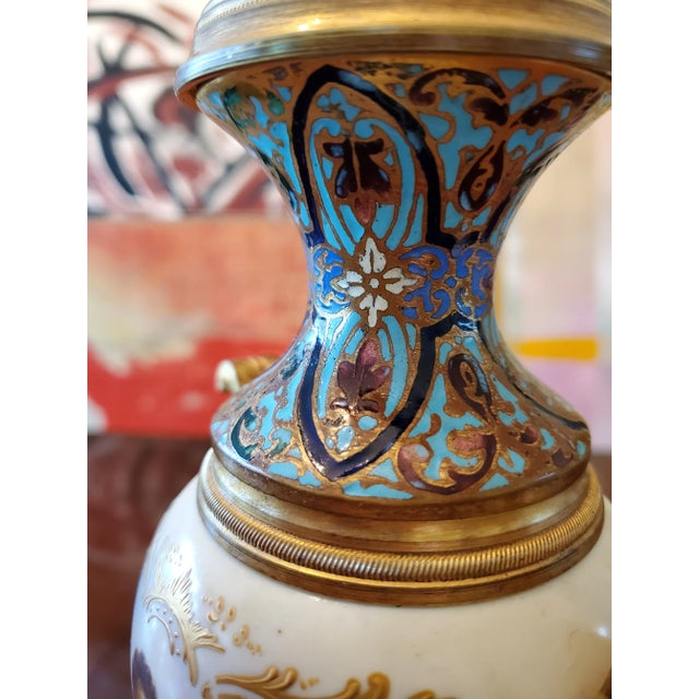 Metal Antique French Sevres Style Signed Cherub Bronze Lamp Champleve Enamel For Sale - Image 7 of 9