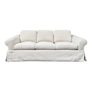 Custom Designer Sourced White Sofa – Rolled Arm, Skirted Base For Sale