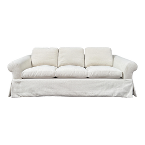 Custom Designer Sourced White Sofa – Rolled Arm, Skirted Base