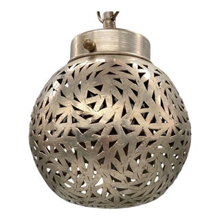 Modern Silver Moroccan Round Hanging Geometric Hand-Cut Metal Pendant Light For Sale