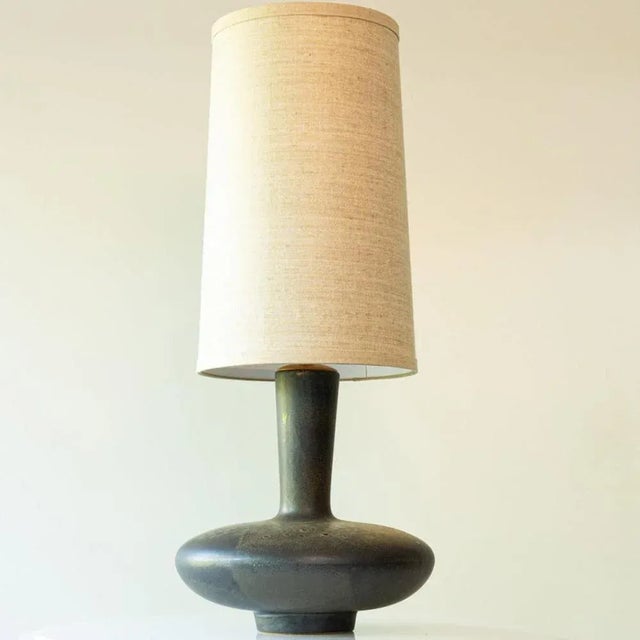1970s Dark Brown Ceramic Table Lamp with Silk Lampshade attributed to R. Houben, 1970s For Sale - Image 5 of 11