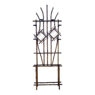 Antique Scorched Tiger Bamboo Hall Tree With Diamond Mirrors and Umbrella Stand For Sale